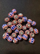 30 Vintage Chevron glass beads - (B1033) Blue Red 6mm