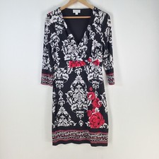 Queenspark dress womens M bodycon black floral 3/4 sleeve Vneck stretch 103926