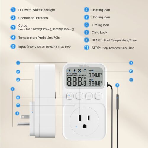 Digital Thermostat Steckdose Stecker Temperaturregler Steckdose 120V Heizung Kühler - Bild 10 von 11