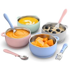 Toddler Feeding Suction Bowls and Utensils Set, 2-in-1 Stainless Steel 304 Ki...