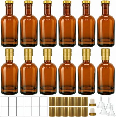 12 Pack 6oz Amber Glass Bottles with Airtight T- Corks, 200ml Refillable Mini