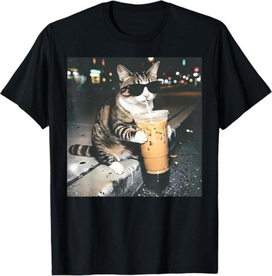 Funny Cat Drinking Iced Coffee Funny Cat Lover Animal Meme T-Shirt Gift