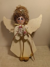 Wooden Angel Figurine, 12", Standing, Glittery Wings, Signed, Christmas