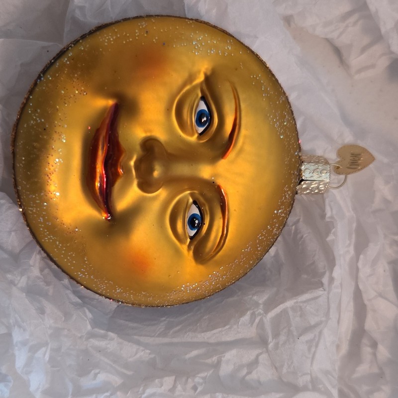 Old World Christmas Moon Face Blue Gold Glass Glitter Hanging Ornament 21010