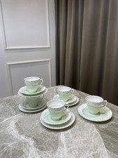 Vintage Burslem Fine Bone China Tea Trio Set Mint Green Cups Saucers Plates
