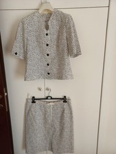 Completo tailleur donna giacca e gonna color bianco e nero  dalmata, lino cotone