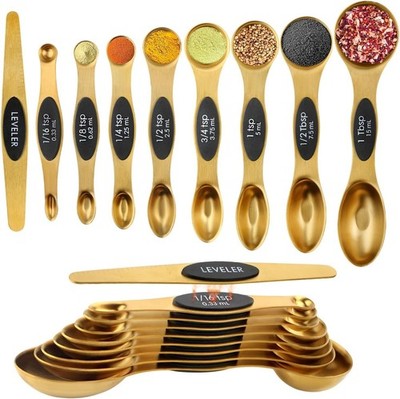 Gold Magnetic Measuring Spoons Set Stainless Steel Dual Sided w Leveler 9pc