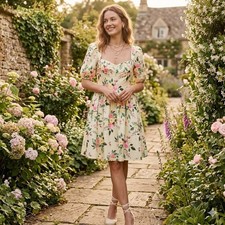 Yellow Floral Milkmaid Mini Dress Large Romantic Fairy Cottage Sweetheart Dainty