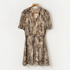 LOFT Women's Animal Print Dress Short Sleeve Tie Waist Sheer Casual