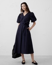 Banana Republic Poplin Navy Puff Sleeve Midi Dress Size XS NWT RT$150