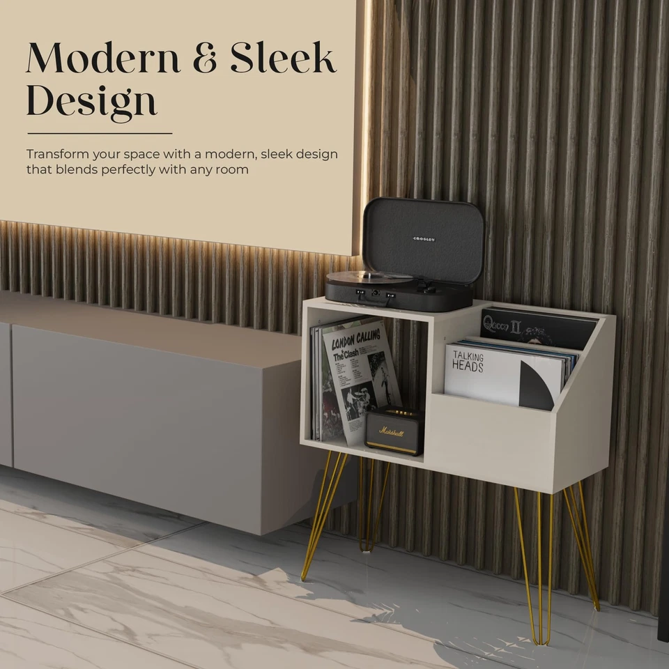 Elegant Wooden Record Player Stand with Vinyl Storage 2-Tier (White), Modern ... - Image 4 of 4