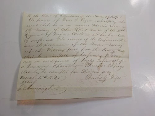 Civil War Confederate Document 1862 10th Virginia Militia Captain Robert Austin