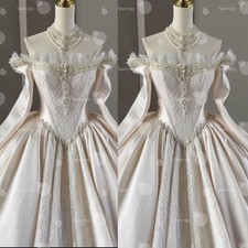 Stain Wedding Dress Off The Shoulder Long Sleeve Full-Length Vintage Bridal Gown