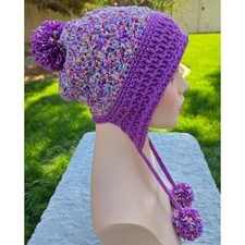 Handmade Crochet Earflap Hat with Pom Poms - Purple Rainbow Confetti Beanie