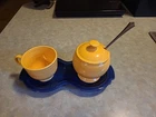 Fiesta Fiestaware Sunflower Sugar Bowl And Cup With Blue Tray.