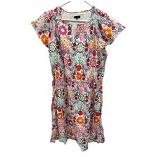 Talbots Floral Cotton Dress Womens 16 Multi Color Elastic Waist Cap Sleeve Lined