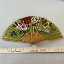 Vintage Wooden  Paper Hand Fan Fold Up 1930-1940s Japan Floral