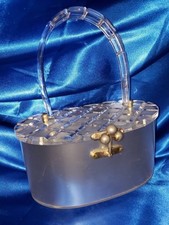 Vintage WHITE Metallic Satin Lucite Purse with Clear Carved Lucite Lid