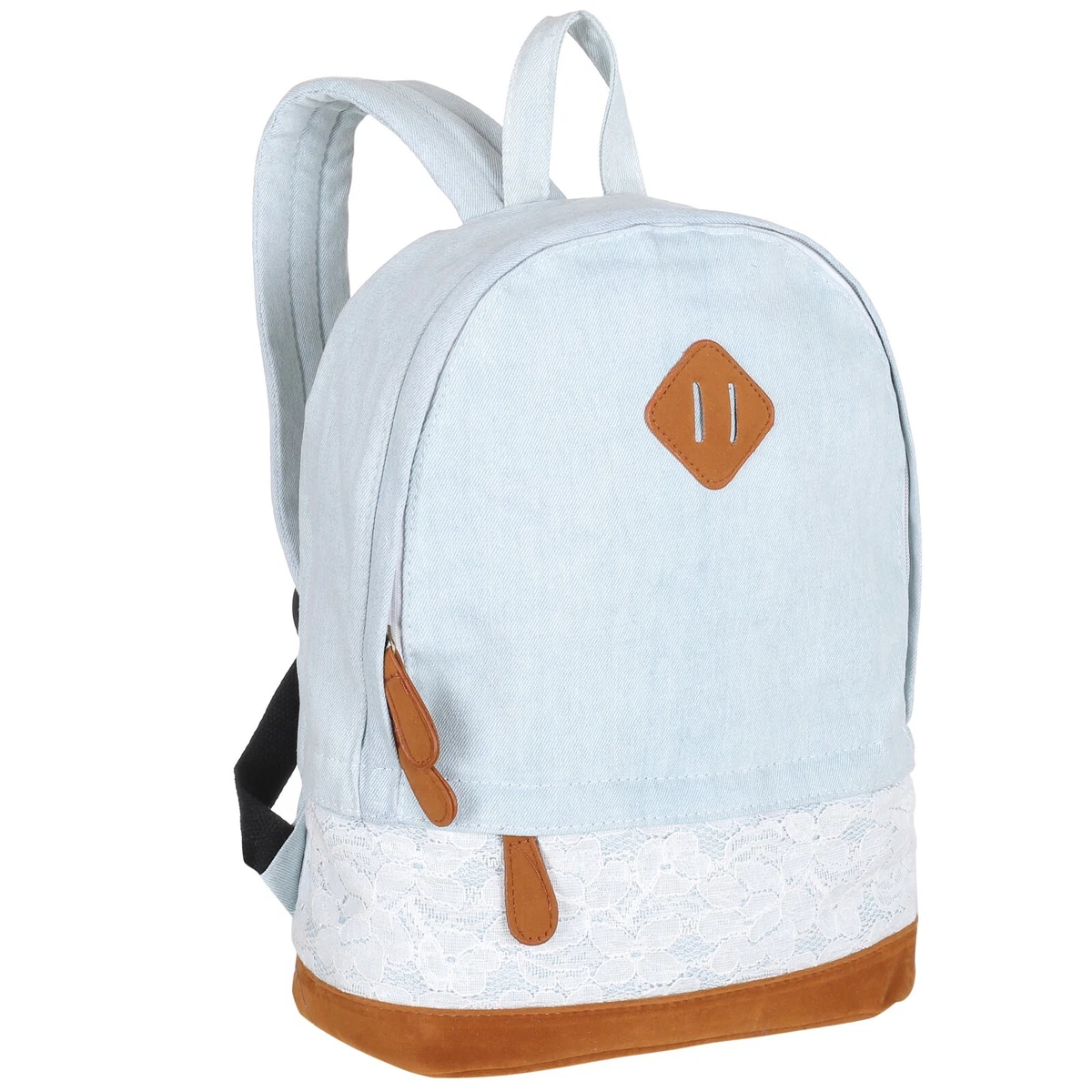 Modern 14 Inch Blue Denim Backpack with Lace Overlay and Faux