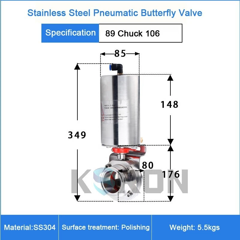 3-1/2'' Sanitary Pneumatic Butterfly Valve SS304L Clamp OD 106mm Single Acting - Image 2 of 4