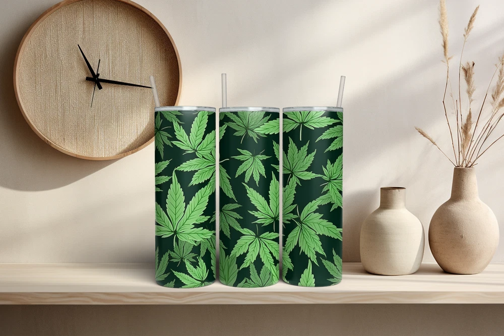 Tumbler Skinny 20oz  w/ Lid & Straw  Weed Leaf Cannabis Marijuana 420