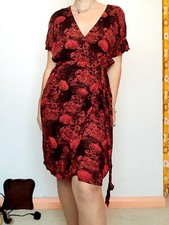 Red Black Floral Wrap Dress M L 12 14 Kimono Sleeve Tie Waist Knee Length Midi