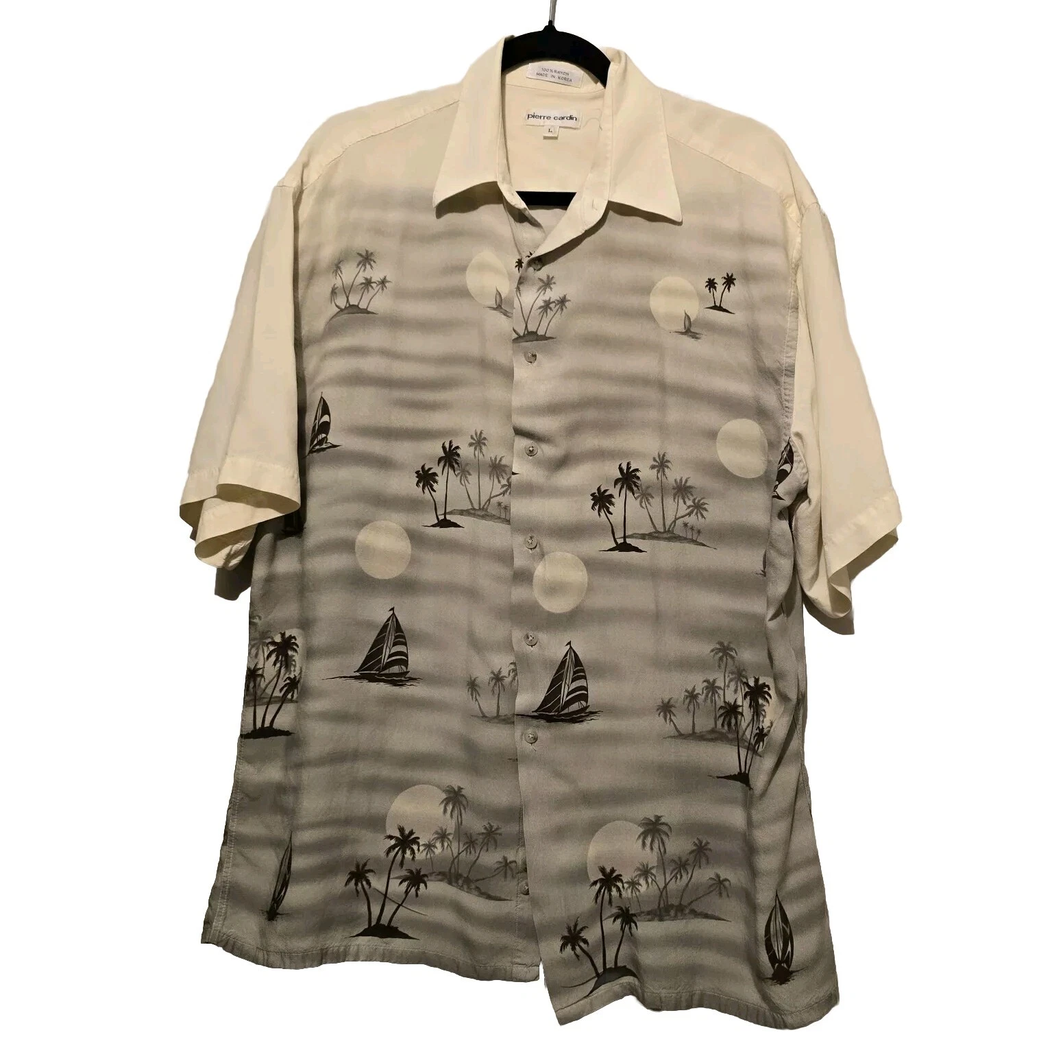 Vintage Pierre Cardin Hawaiian Shirt Men’s LG 80s Short Sleeve Korea Palm Trees