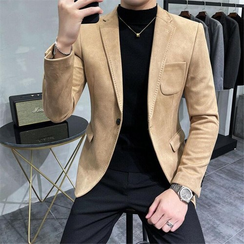 Hombres Slim Un Botón Gamuza Blazer Formal Negocios Chaqueta Traje Boda Abrigo Amarillo - Imagen 5 de 15