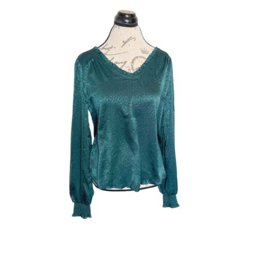 Mine Womens Blouse Green Satin V NECK Back Tie Ruffle Polka Dots Print Small NWT