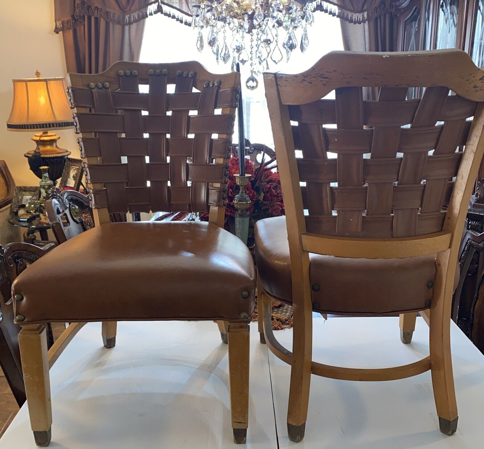 Vintage 2 Luby‘s Shelby Williams Chairs With Cushion Seats & Woven Leather Back