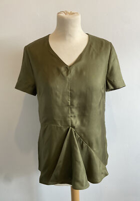 Marni 100 % Seide Twill Top UK 10/IT42 neu mit Etikett khaki blattgrün asymmetrisch Fächerfalte