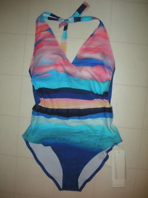 GOTTEX Sunrise Seascape 1 Pc Deep V Neck Halter Style Swimsuit Sz 6 NWT