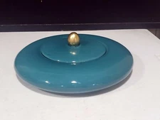 Vintage JARU Decorative 9" Round Teal Ceramic Box with Lid