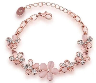 Rosévergoldet Rosa Blumen Gliederkette Verstellbar Größe Charm Legierung Armband 