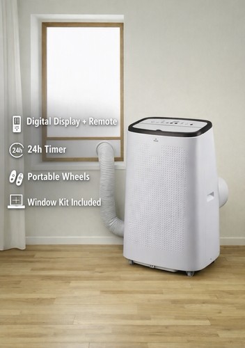 HOME 12,000 BTU Portable Air Conditioner, Remote, 24h Timer, Single Hose, White