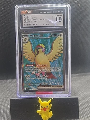 CGC Gem 10 Pidgeot ex 217/197 SV03: Obsidian Flames Ultra Rare Holo Cracked Case