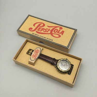 Pepsi-Cola Womens Watch 32mm Bottle Cap Leather Gold Tone Box New