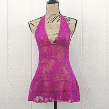 Victoria's Secret Halter Slip S Fuchsia Lace Sheer Stretch Nightie Babydoll Y2K