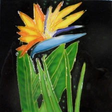 Tropical flower hand painted ceramic art tile coaster 4 x 4 inches with back