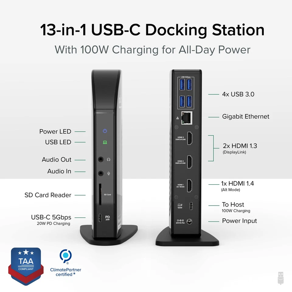 USB-C Triple Monitor Docking Station: 13-in-1 Laptop Dock with 100W Charging ... - Image 2 of 4