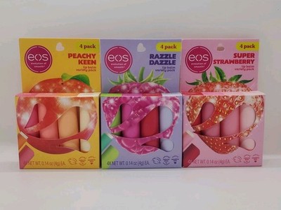 3 eos Lip Balm 4 Packs Peachy Keen + Razzle Dazzle + Super Strawberry