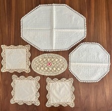 Vtg Lot 6 Handmade Embroidered Linen Crocheted Lace Doilies Coasters Ivory Cream