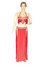 Red Belly Dance Costume Set Sequin Bra Top Flowing Skirt Gold Embellished