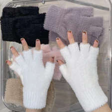 Warm Touch Half-Finger Plush Gloves Solid Color Soft Gloves Touch Screen Compati