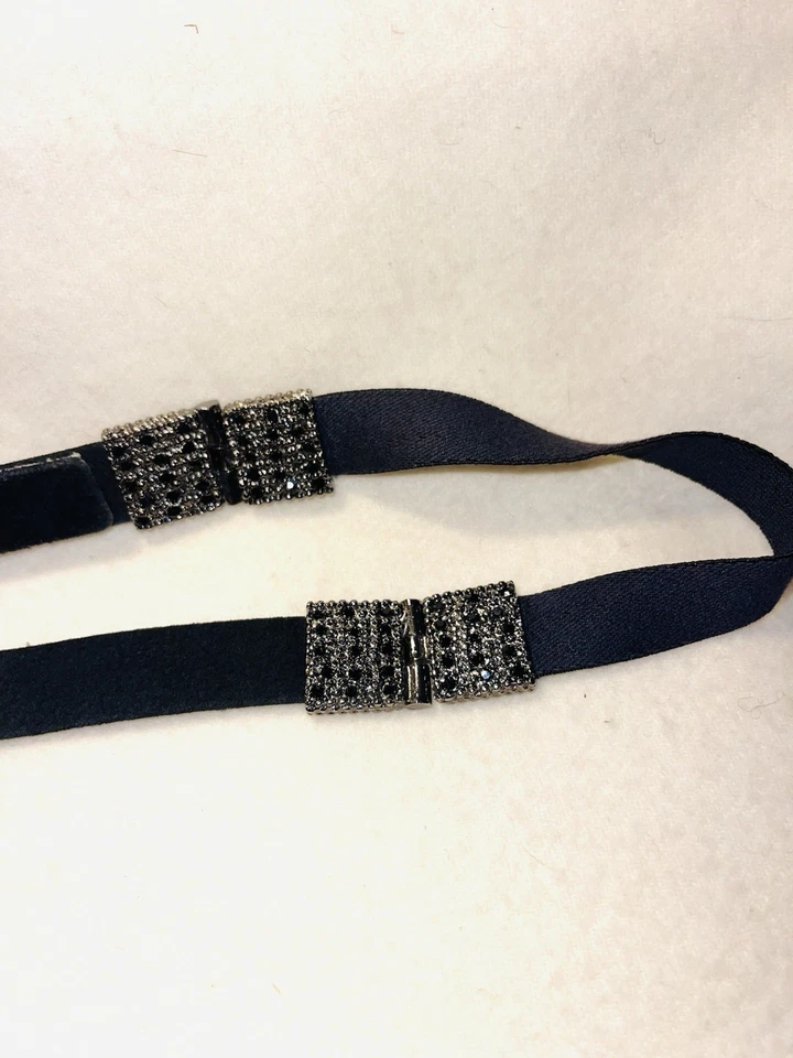 VINTAGE SUZI ROHER BLACK LEATHER HINGED CLEAR & BLACK RHINESTONE  BELT Sz S - Image 3 of 4