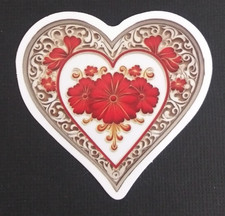Ornate Red Flowers Heart Sticker 2" x 2.25" F 