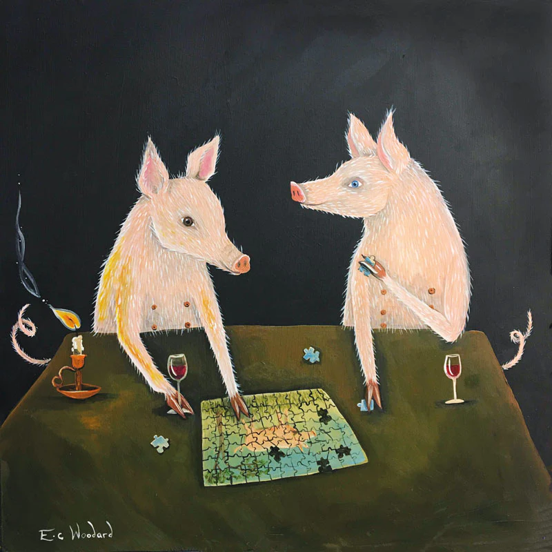 Puzzled Pigs - Art Blank Greeting / Birthday Card - Couple Jigsaw Pig Humour