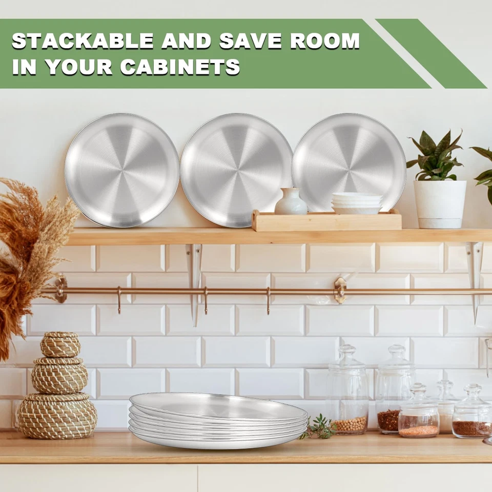 Paquete de 8 Platos de Acero Inoxidable, 10 Pulgadas Metal Ligero Irrompible Cena D Foto 2 de 4