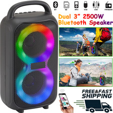 Portable 2500W Dual 3" Wireless Bluetooth Speaker Heavy Bass Party Sound System