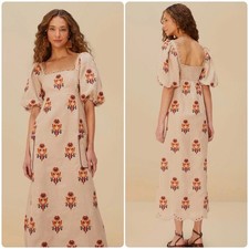 Farm Rio Rose Embroidered Macaw Linen Midi Dress XS